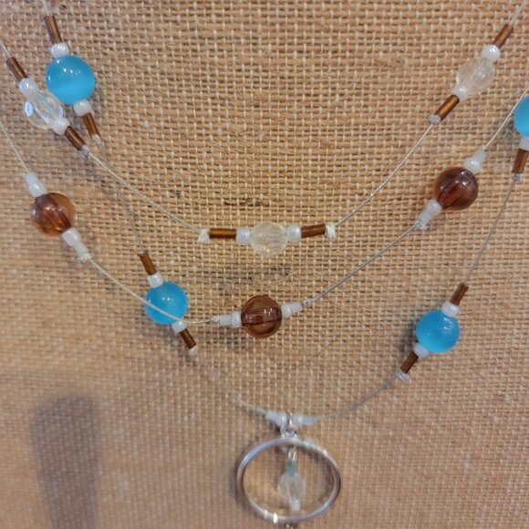 Boho Set Necklace & Earrings in Silver/Amber/Blue/Clear Beadwork - Picture 5 of 11